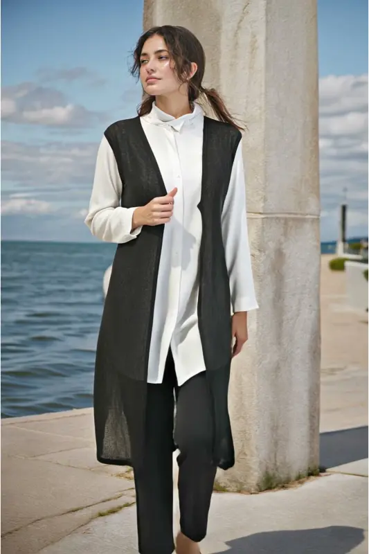 Thin Plain Long Breathable Drape Lightweight Vest, Plus Size Vest Women Mom Vest Seasonal Vest-Black - 7