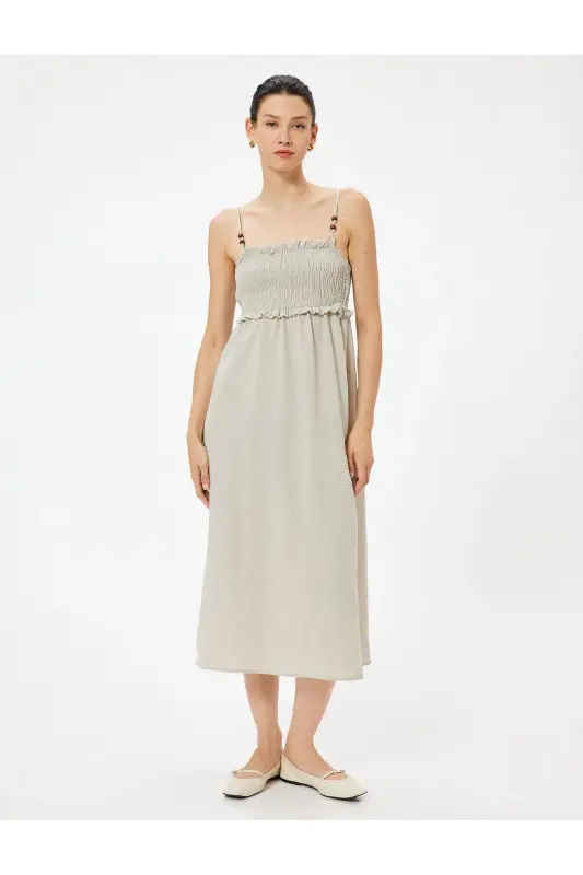 Thin Strap Midi Ruffle Dress Guipure Beaded Detail-Mink - 3