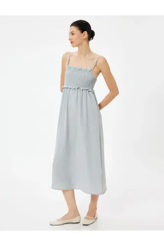 Thin Strap Midi Ruffled Dress Guipure Beaded-Gray 