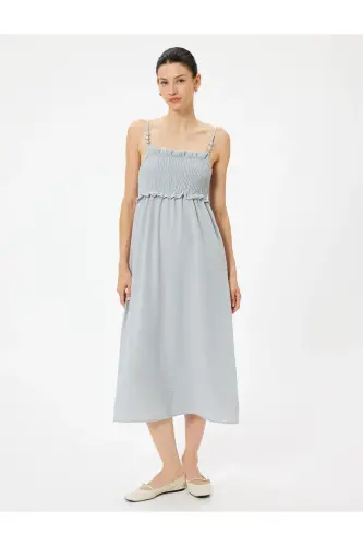 Thin Strap Midi Ruffled Dress Guipure Beaded-Gray - 3