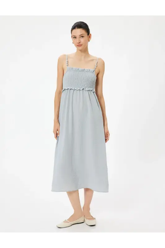 Thin Strap Midi Ruffled Dress Guipure Beaded-Gray - 3
