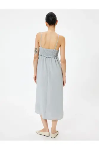 Thin Strap Midi Ruffled Dress Guipure Beaded-Gray - 4