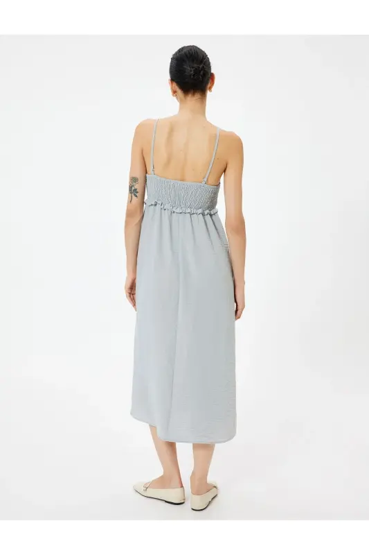Thin Strap Midi Ruffled Dress Guipure Beaded-Gray - 4