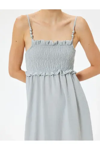 Thin Strap Midi Ruffled Dress Guipure Beaded-Gray - 5