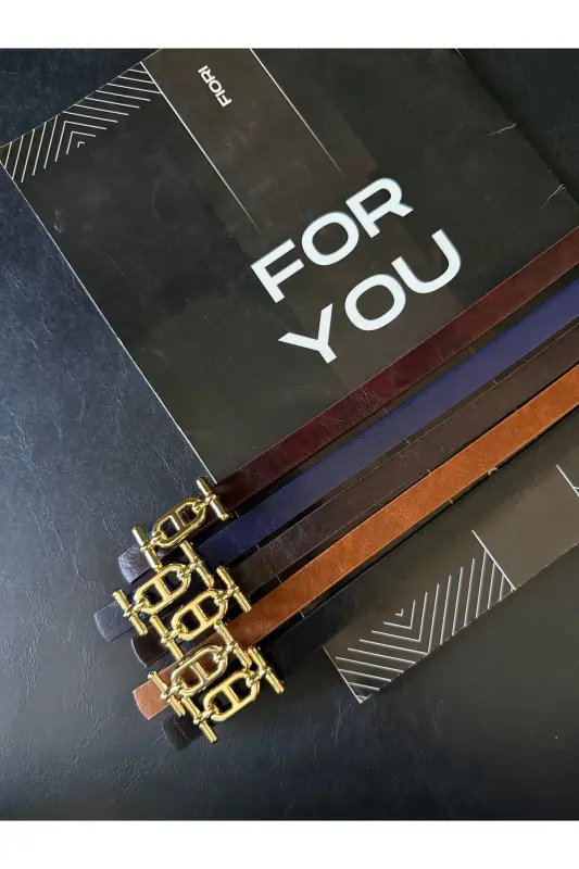 Thin Women's Belt with Gold Buckle, Pants Belt, Shirt Belt, Jacket Belt - Multi-Color-Gold - 4