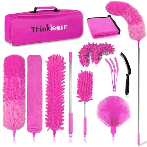 ThinkLearn Microfiber Dusters for Cleaning,14PCS Feather Dusters with Extension Pole,Bendable Washable and Extendable Duster for High Ceilings, Fans and Blinds House Cleaning Kit Pink Gift for Women - 1