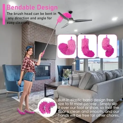 ThinkLearn Microfiber Dusters for Cleaning,14PCS Feather Dusters with Extension Pole,Bendable Washable and Extendable Duster for High Ceilings, Fans and Blinds House Cleaning Kit Pink Gift for Women - 4