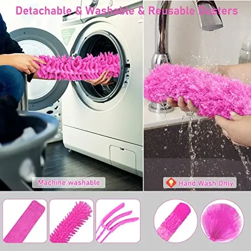 ThinkLearn Microfiber Dusters for Cleaning,14PCS Feather Dusters with Extension Pole,Bendable Washable and Extendable Duster for High Ceilings, Fans and Blinds House Cleaning Kit Pink Gift for Women - 6