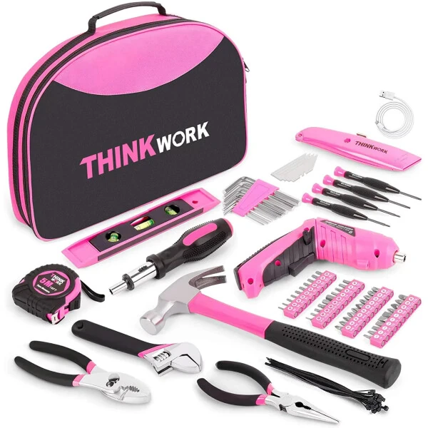 THINKWORK 122-Piece Pink Tool Kit with 3.6V Rotatable Electric Screwdriver-Ladies Home Work Kit - THINKWORK