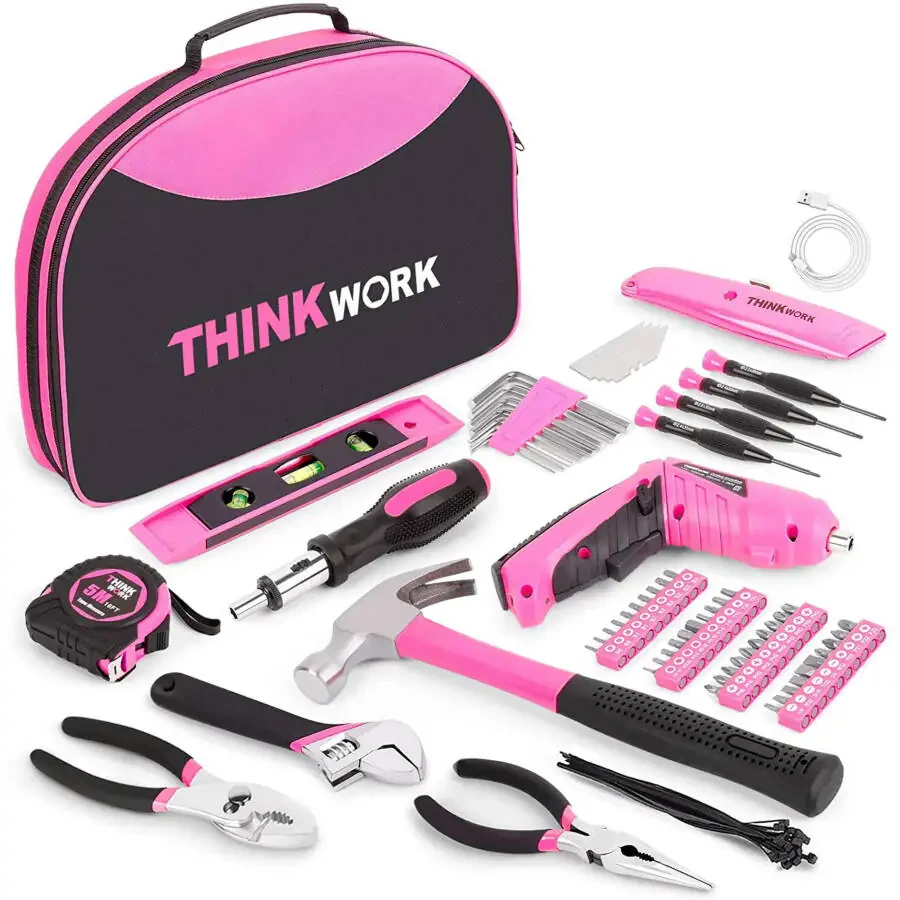 THINKWORK 122-Piece Pink Tool Kit with 3.6V Rotatable Electric Screwdriver-Ladies Home Work Kit - 1