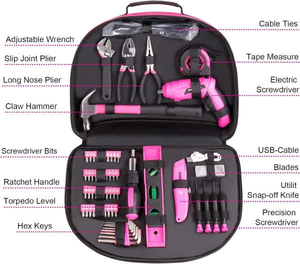THINKWORK 122-Piece Pink Tool Kit with 3.6V Rotatable Electric Screwdriver-Ladies Home Work Kit - THINKWORK (1)