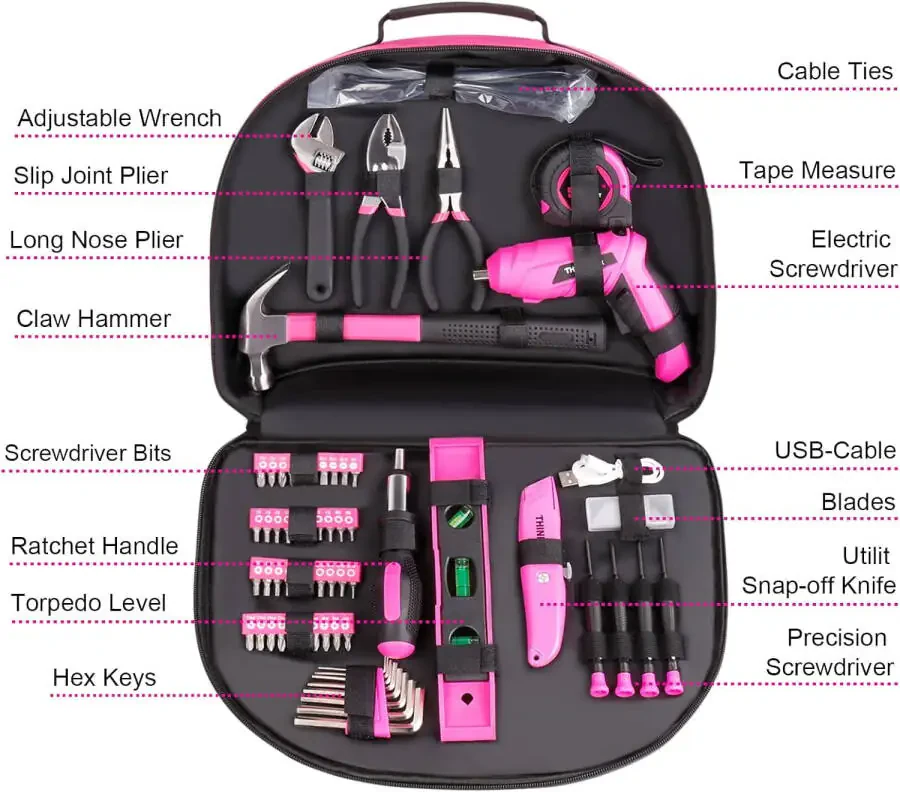 THINKWORK 122-Piece Pink Tool Kit with 3.6V Rotatable Electric Screwdriver-Ladies Home Work Kit - 2