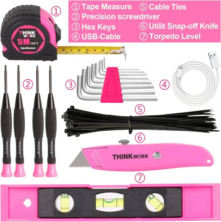 THINKWORK 122-Piece Pink Tool Kit with 3.6V Rotatable Electric Screwdriver-Ladies Home Work Kit - 4