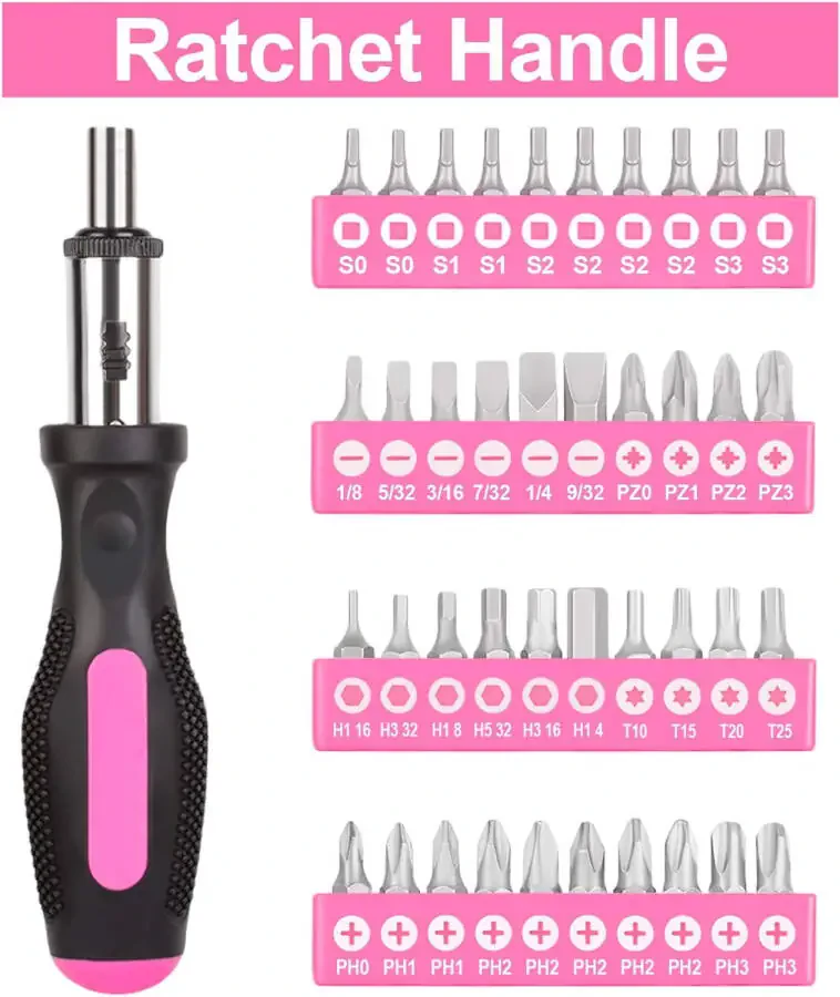 THINKWORK 122-Piece Pink Tool Kit with 3.6V Rotatable Electric Screwdriver-Ladies Home Work Kit - 5