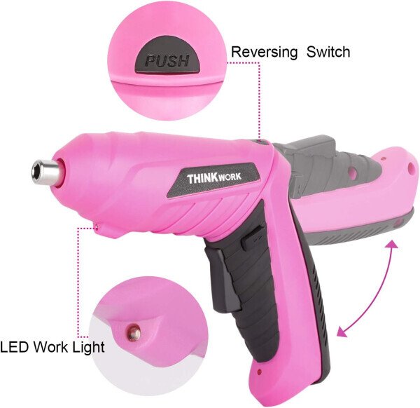 THINKWORK 122-Piece Pink Tool Kit with 3.6V Rotatable Electric Screwdriver-Ladies Home Work Kit - 6