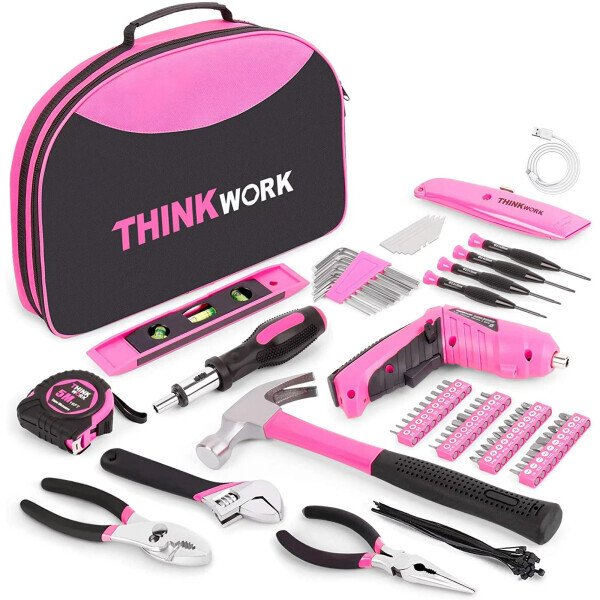 THINKWORK 122-Piece Pink Tool Kit with 3.6V Rotatable Electric Screwdriver-Ladies Home Work Kit - THINKWORK