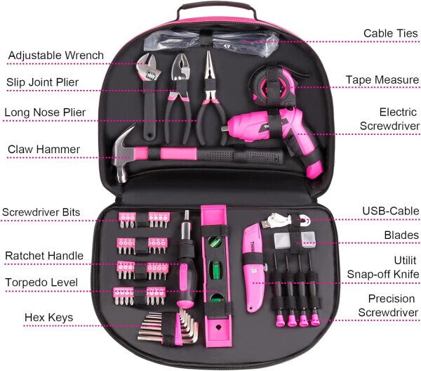 THINKWORK 122-Piece Pink Tool Kit with 3.6V Rotatable Electric Screwdriver-Ladies Home Work Kit - THINKWORK (1)