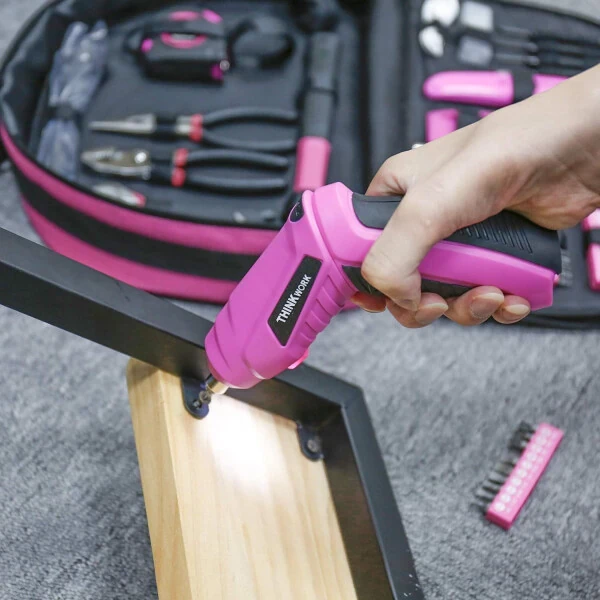 THINKWORK 122-Piece Pink Tool Kit with 3.6V Rotatable Electric Screwdriver-Ladies Home Work Kit - 7
