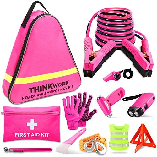 THINKWORK Car Emergency Kit for Teen Girl and Lady's Gifts, Pink Emergency Roadside Assistance kit with 10FT Jumper, First Aid Kit, Safety Hammer, Tow Rope, and More Ideal Pink Car Accessories Tool - THINKWORK