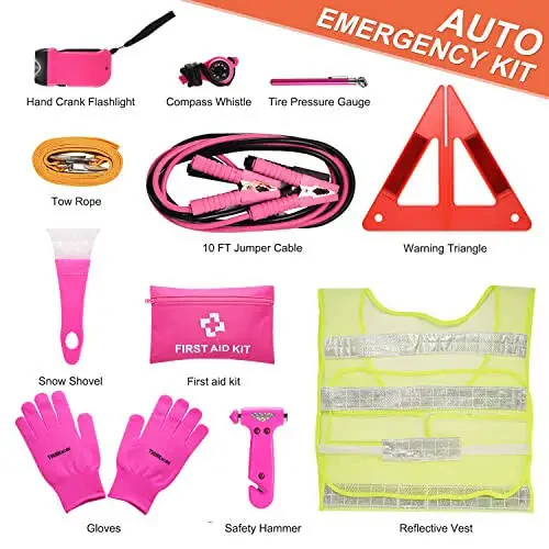 THINKWORK Car Emergency Kit for Teen Girl and Lady's Gifts, Pink Emergency Roadside Assistance kit with 10FT Jumper, First Aid Kit, Safety Hammer, Tow Rope, and More Ideal Pink Car Accessories Tool - 2