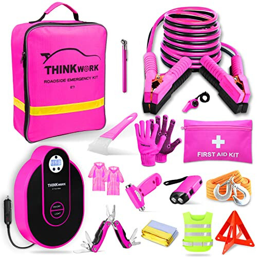 THINKWORK Car Emergency Kit for Teen Girl and Lady's Gifts, Pink Emergency Roadside Assistance kit with Digital Air Compressor, 10FT Jumper, First Aid Kit, and More Ideal Pink Car Accessories Tool -E7 - THINKWORK