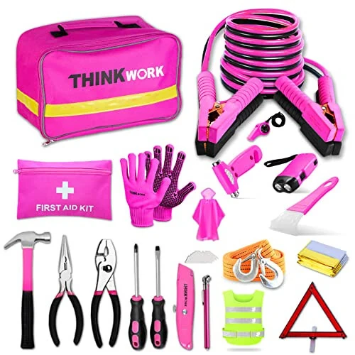 THINKWORK Car Emergency Kit for Teen Girl and Lady's Gifts, Pink Emergency Roadside Assistance kit with Pink Car Tool Set, 10FT Jumper, First Aid Kit, and More Ideal Pink Car Accessories Tool - E8 - THINKWORK