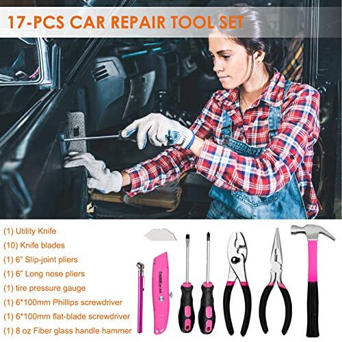THINKWORK Car Emergency Kit for Teen Girl and Lady's Gifts, Pink Emergency Roadside Assistance kit with Pink Car Tool Set, 10FT Jumper, First Aid Kit, and More Ideal Pink Car Accessories Tool - E8 - THINKWORK (1)