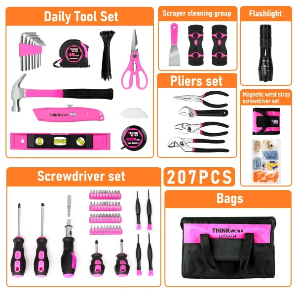 THINKWORK Pink Tool Set- 207 Piece Lady's Portable Home Repairing Tool Kit- - 4