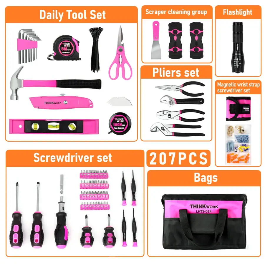 THINKWORK Pink Tool Set- 207 Piece Lady's Portable Home Repairing Tool Kit- - 4