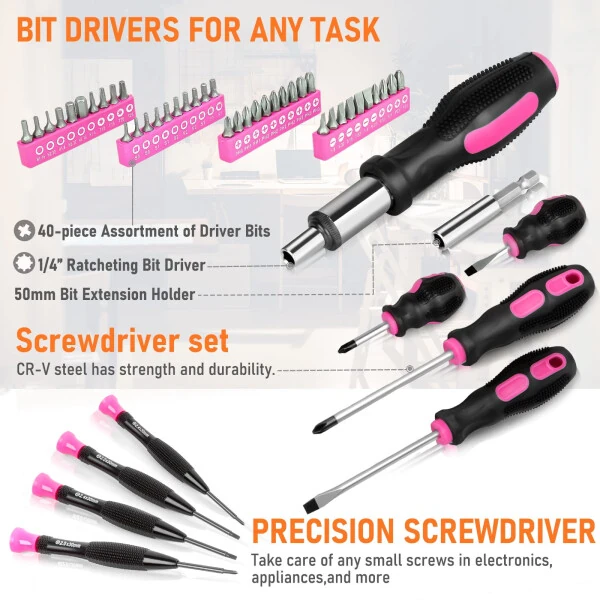 THINKWORK Pink Tool Set- 207 Piece Lady's Portable Home Repairing Tool Kit - THINKWORK (1)