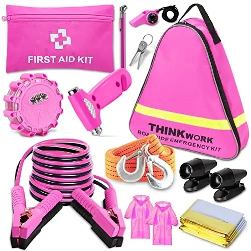 THINKWORK Teen Girls va Ayollar uchun avtomobil favqulodda to'plami, Pushti Favqulodda Yo'l bo'yicha Yordam To'plami 10FT Jumper, Birinchi Yordam To'plami, LED Chiroq, Kiyik Hushtaklari va Ideal Pushti Aksessuarlar Asbobi bilan - THINKWORK