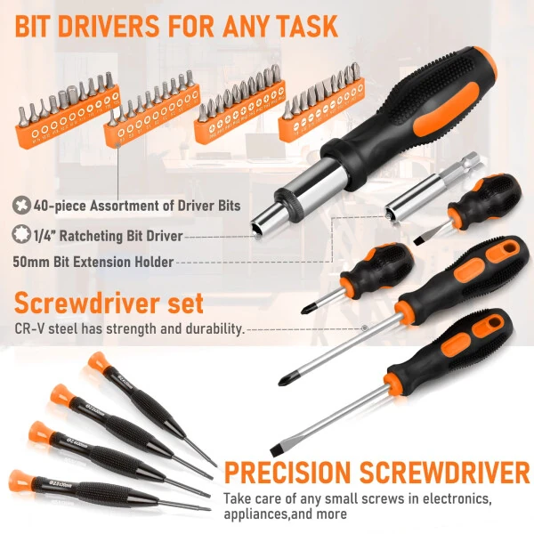 THINKWORK Orange Tool Set - 207 Piece Portable Home Repairing Tool Kit - 5
