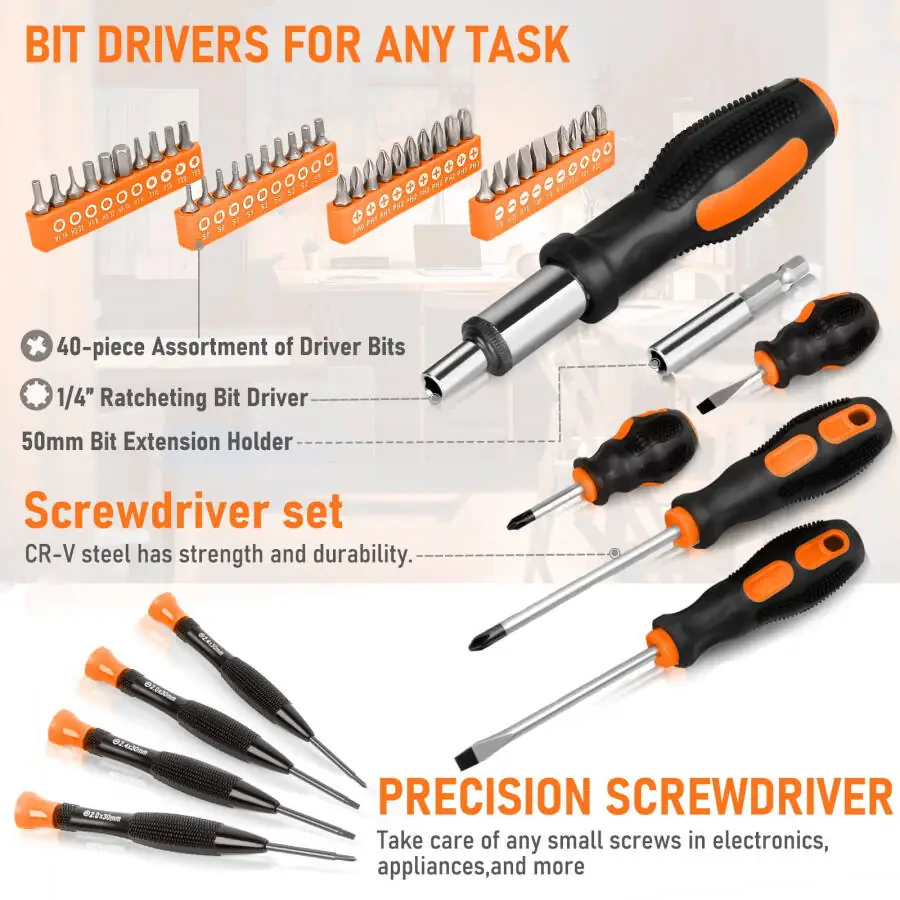 THINKWORK Orange Tool Set - 207 Piece Portable Home Repairing Tool Kit - 5