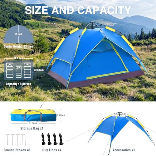 Thinlute Tents for Camping Instant Pop Up Tents, 3 Person Easy Setup Tent Automatic Tent with Removable Outer as Sun Shelter, Waterproof & Windproof Family Tents for Camping Outdoor Picnics Backyard - 4