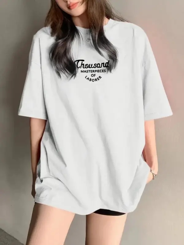 Thousand Baskılı Oversize Bisiklet Yaka T-shirt - Beyaz - BÜYÜKBEDENIZ