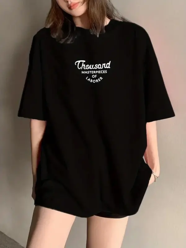 Thousand Baskılı Oversize Bisiklet Yaka T-shirt - Siyah - BÜYÜKBEDENIZ