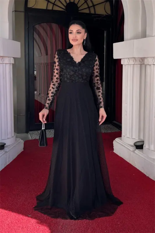 Three Dimensional Floral Dress - BLACK - BÜYÜKBEDENIZ