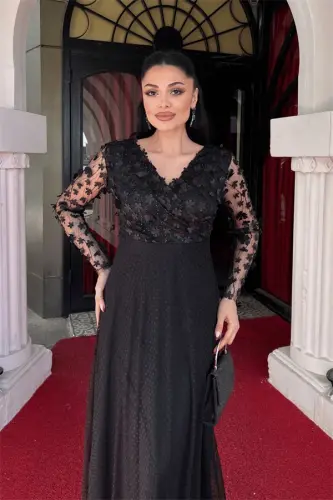 Three Dimensional Floral Dress - BLACK - BÜYÜKBEDENIZ (1)