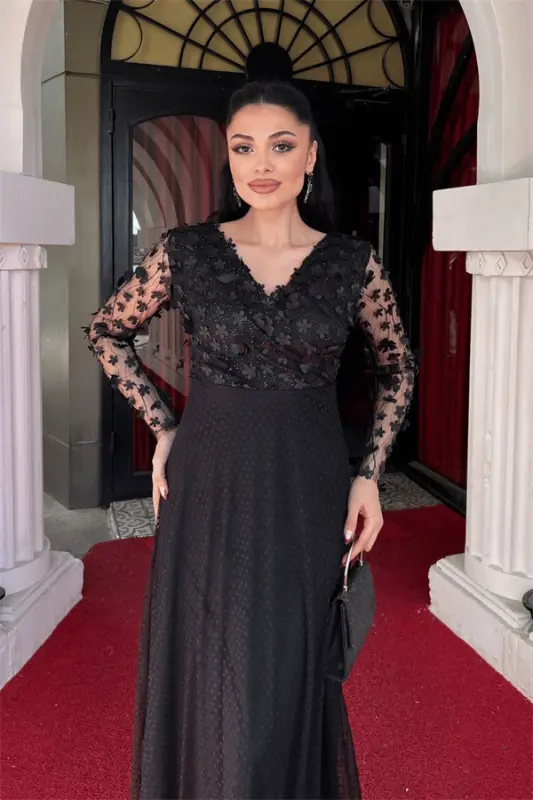 Three Dimensional Floral Dress - BLACK - 2