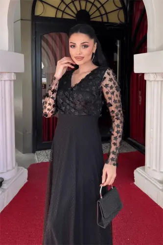 Three Dimensional Floral Dress - BLACK - 6