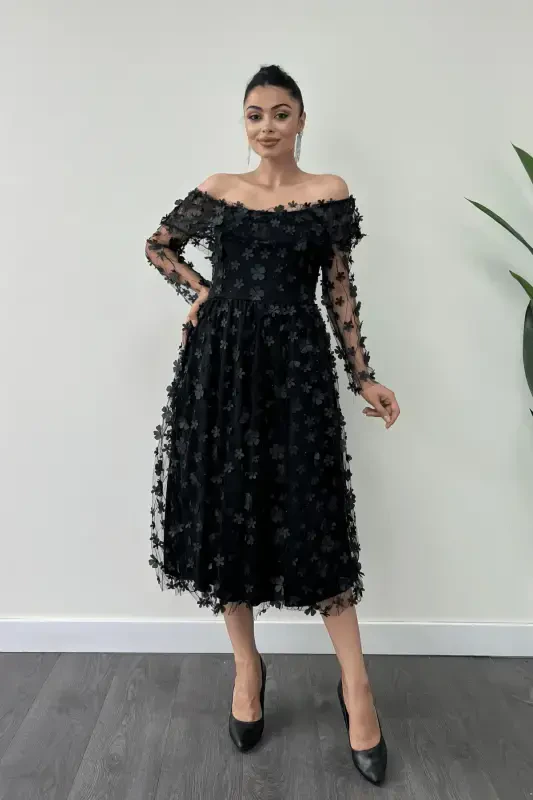 Three Dimensional Floral Fabric Boat Neck Midi Dress - BLACK-BLACK - 1