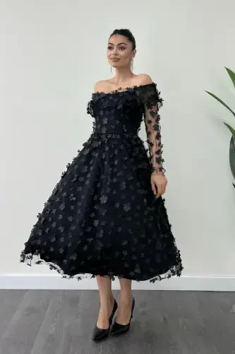 Three Dimensional Floral Fabric Boat Neck Midi Dress - BLACK-BLACK - GIYIMMASALI (1)