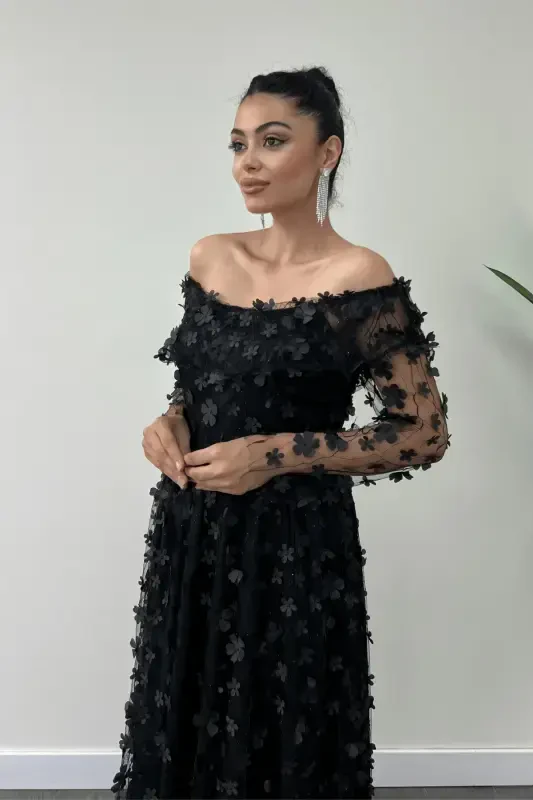 Three Dimensional Floral Fabric Boat Neck Midi Dress - BLACK-BLACK - 3