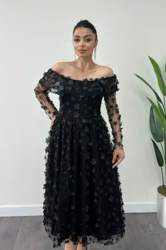 Three Dimensional Floral Fabric Boat Neck Midi Dress - BLACK-BLACK - 4