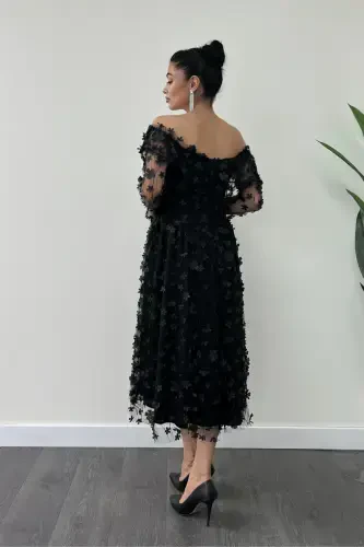 Three Dimensional Floral Fabric Boat Neck Midi Dress - BLACK-BLACK - 5