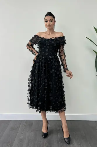 Three Dimensional Floral Fabric Boat Neck Midi Dress - BLACK-BLACK - 1