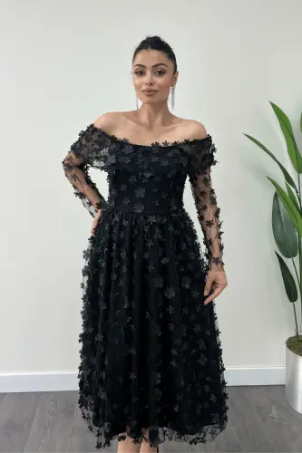 Three Dimensional Floral Fabric Boat Neck Midi Dress - BLACK-BLACK - 4