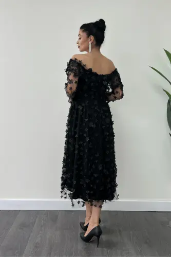 Three Dimensional Floral Fabric Boat Neck Midi Dress - BLACK-BLACK - 5