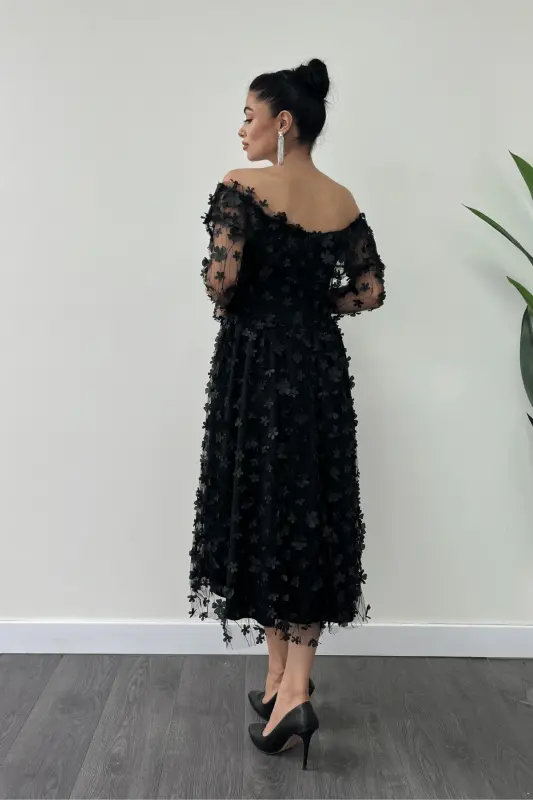 Three Dimensional Floral Fabric Boat Neck Midi Dress - BLACK-BLACK - 5