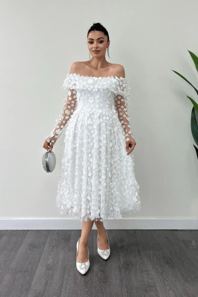 Three Dimensional Floral Fabric Boat Neck Midi Dress - WHITE - GIYIMMASALI